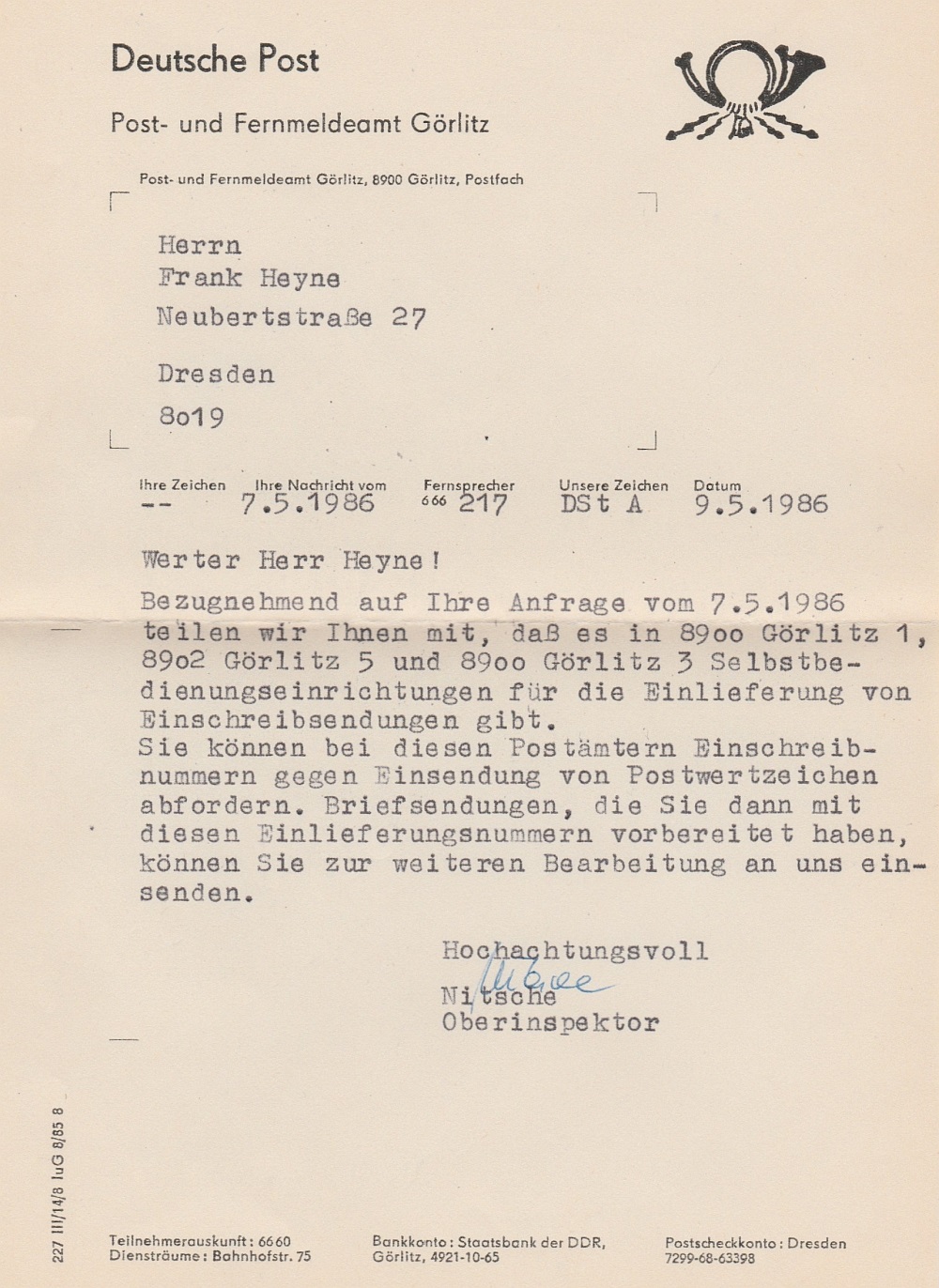 Brief vom PA 8900 Görlitz